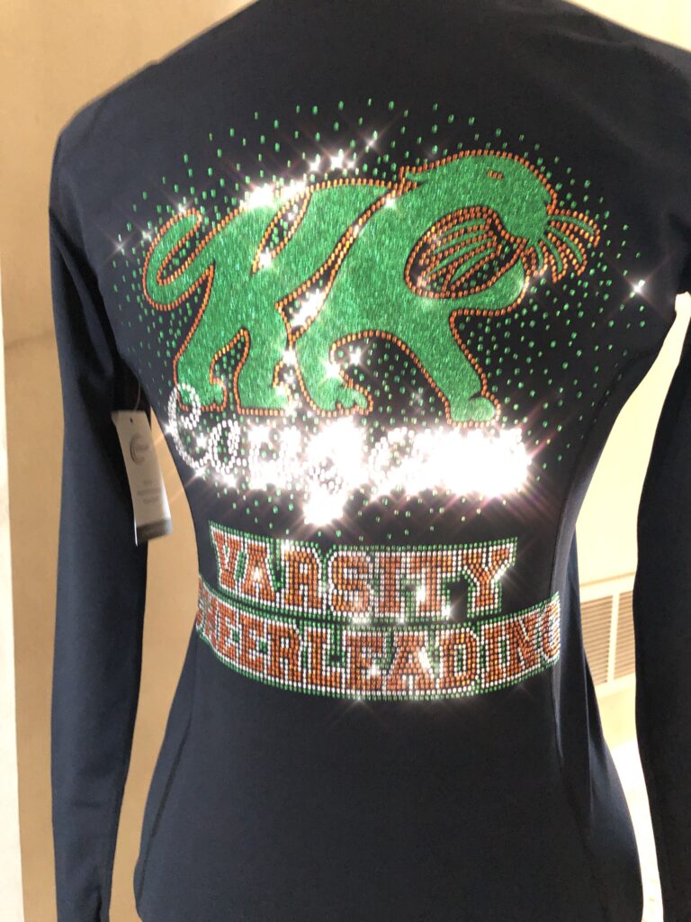 Cougars Varsity Cheerleading team custom rhinestone jacket created by Crystallized Couture